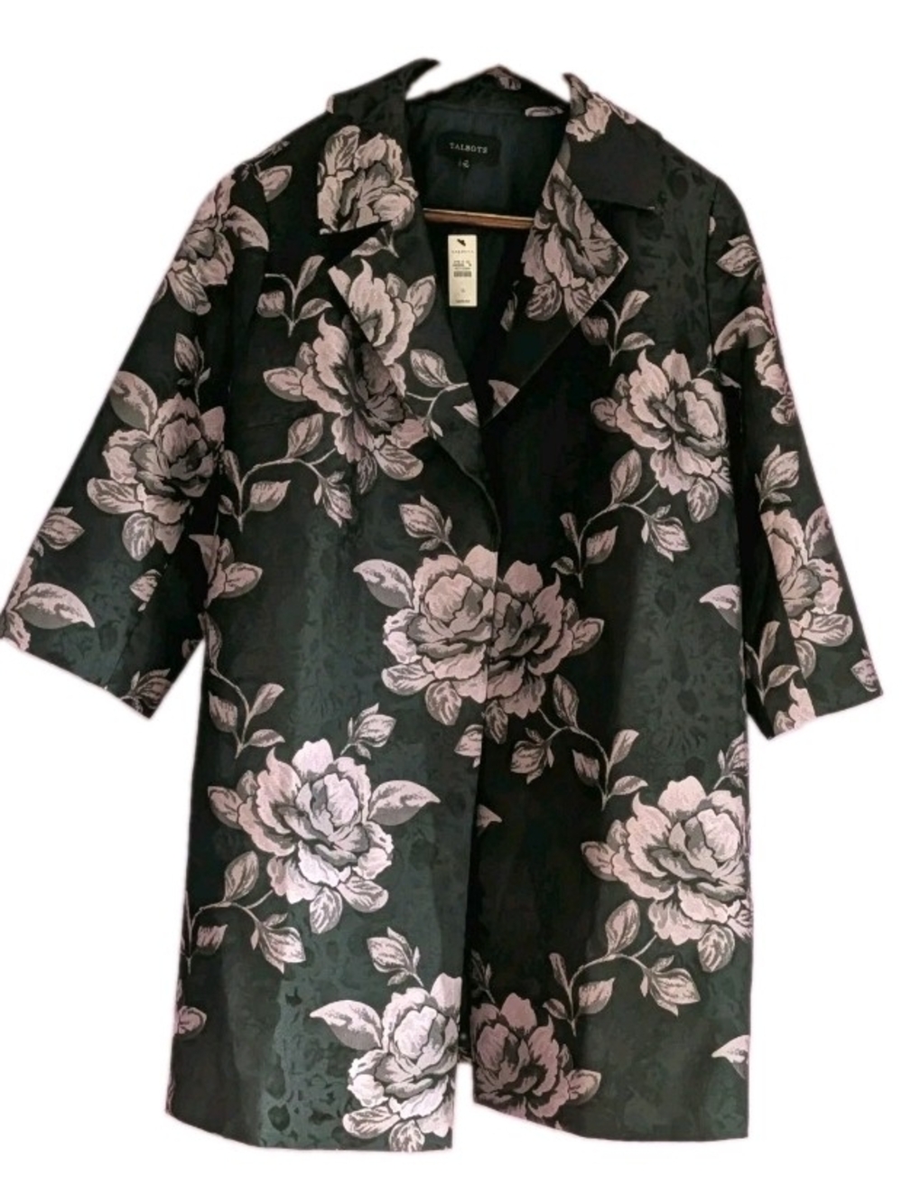 Talbots Black Floral Jacquard Coat with Pink Rose Print